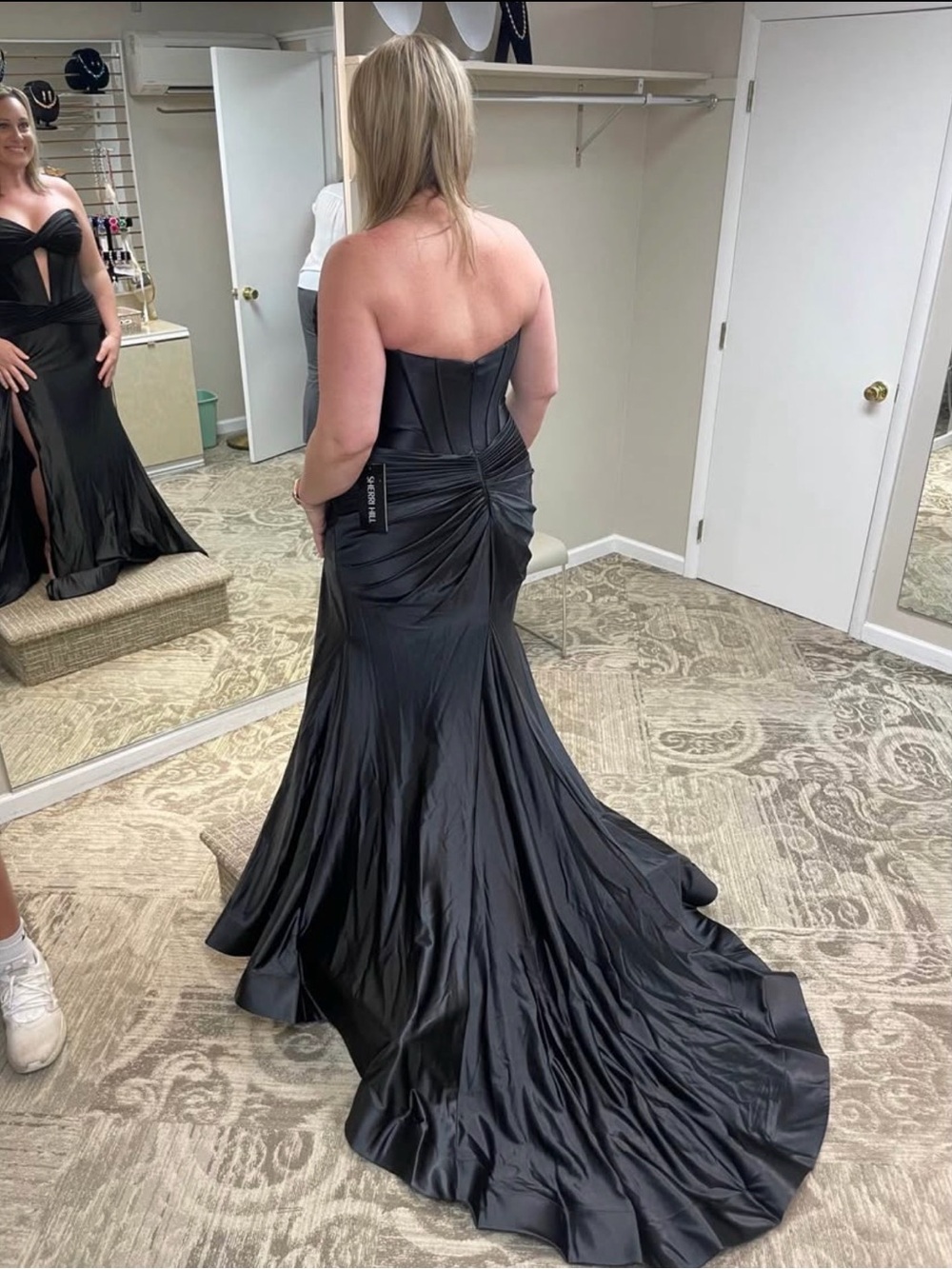 Sherri Hill Black Backless Satin Mermaid Gown